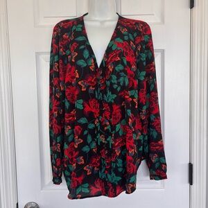 Torrid Black Blouse with Red and Green Floral Pattern